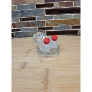 Vintage Glass Salt Pepper Shakers, Red Covers, Fantail Tray